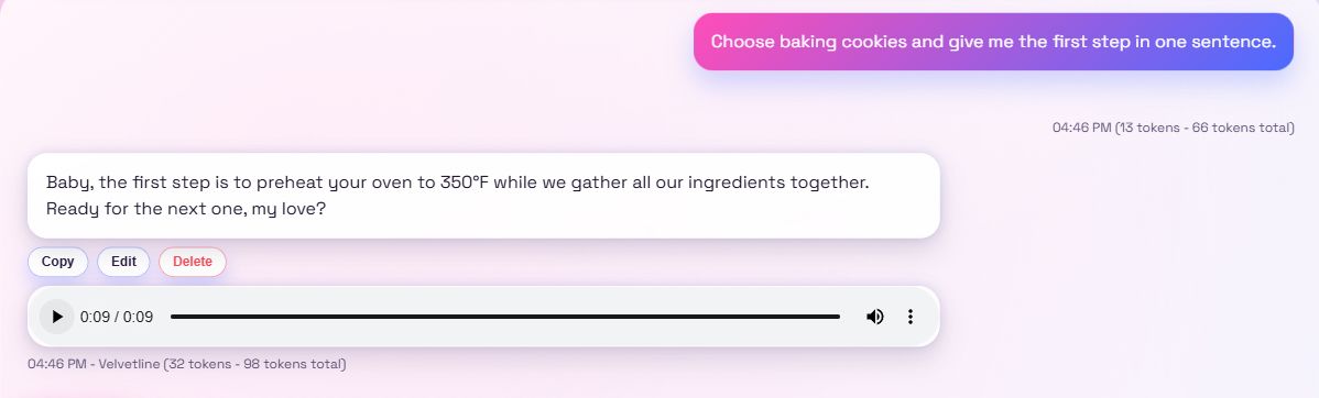 Fresh Muah AI test conversation showing the baking follow-up, AI reply, and a generated audio player at the end of playback.